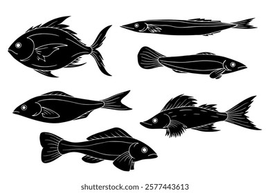 Set of silhouettes, stamps of decorative various fish. Vector graphics.