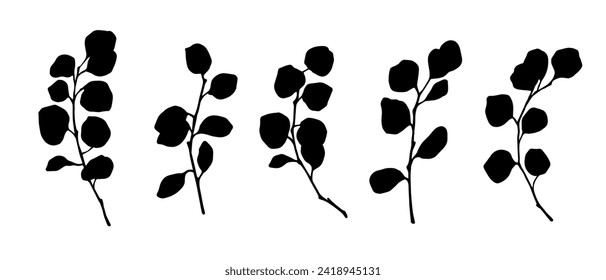 Set of silhouettes, stamps of eucalyptus branches, leaves. Vector graphics.