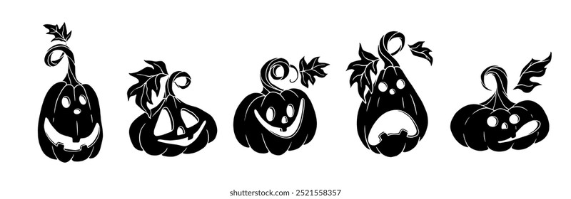 Set of silhouettes, stamps of funny characters of autumn carved pumpkins for Halloween. Vector graphics.