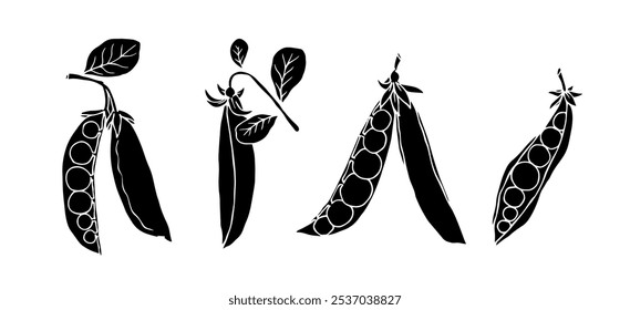 Set of silhouettes, stamps of green pea pods.Vector graphics.