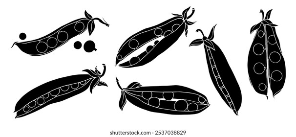 Set of silhouettes, stamps of green pea pods.Vector graphics.