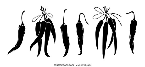 Set of silhouettes, stamps of hot chili pepper pods. Vector graphics.