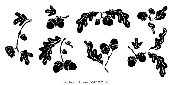 Satz von Silhouetten, Briefmarken von Eichenzweigen mit Eicheln. Dekorative Vektorgrafiken.