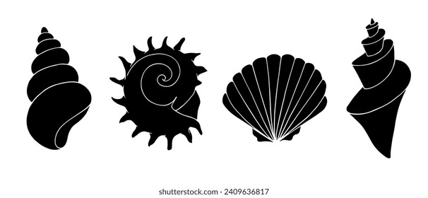 Set of silhouettes and stamps of seashells.Vector graphics.