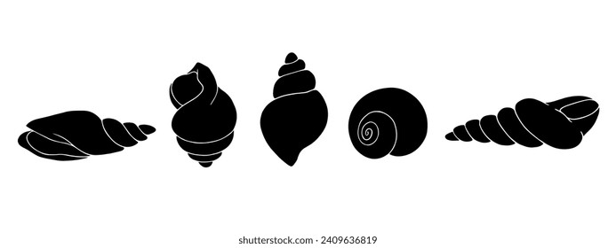 Set of silhouettes and stamps of seashells.Vector graphics.