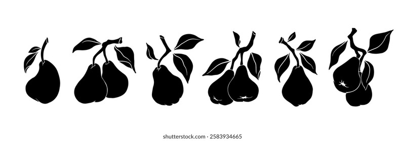 Set of silhouettes, stamps of seasonal pear fruits. Vector graphics.