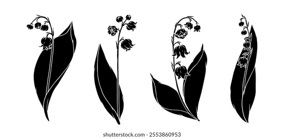 Set of silhouettes, stamps of spring flowers and lily of the valley buds. Vector graphics.