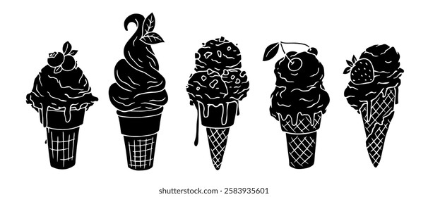 Set of silhouettes, stamps of summer dessert ice cream in a waffle cone. Vector graphics.