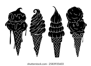 Set of silhouettes, stamps of summer dessert ice cream in a waffle cone. Vector graphics.