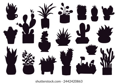 A set of silhouettes and stamps of various indoor plants, succulents and cacti in flowerpots. Vectonic graphics.