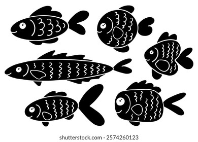 Set of silhouettes, stamps of various small fish. Vector graphics.