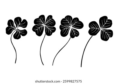 Set of silhouettes, stamps of wild field leaves, herbs clover. Vector graphics.