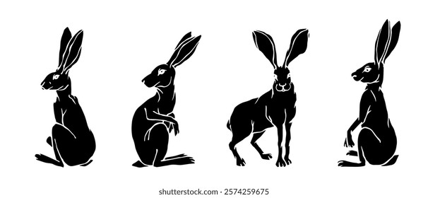 Set of silhouettes, stamps of wild forest animals hares. Vector graphics.