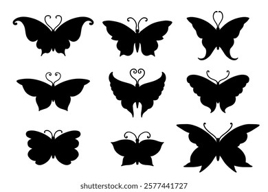 Set of silhouettes, stamps of winged insects butterflies. Vector graphics.