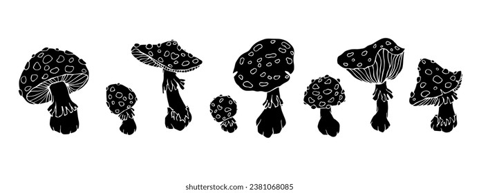 A set of silhouettes and stencils of forest fly agaric mushrooms. Vector graphics