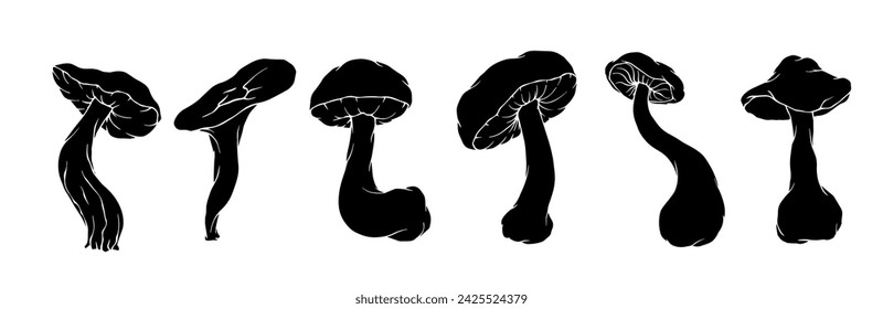 Set of silhouettes and stencils of forest mushrooms-toadstools.Vector graphics.