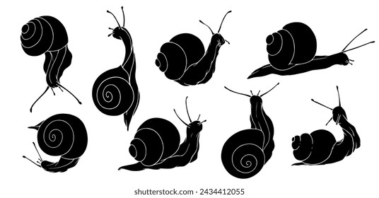 A set of silhouettes and stencils of snails. Vector graphics.