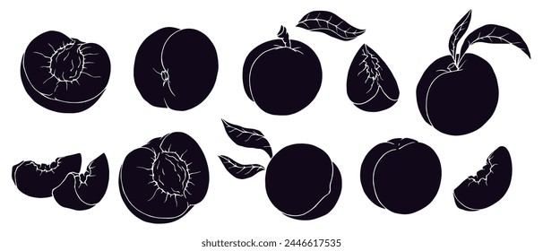 Set of silhouettes, stencils of summer peach fruits and fruit pieces.Vector graphics.