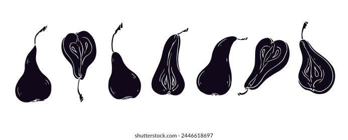 Set of silhouettes, stencils of summer pear fruits and fruit pieces.Vector graphics.