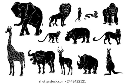 Set of silhouettes, stencils of wild animals of the African savannah.Vector graphics.