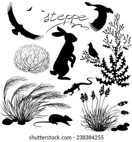 Set of silhouettes of steppe plants and animals.