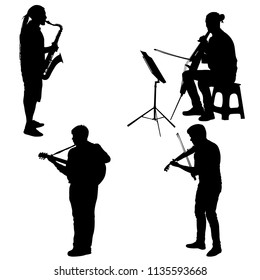 Set silhouettes street musicians playing instruments on a white background.