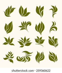 set silhouettes stylized leaves