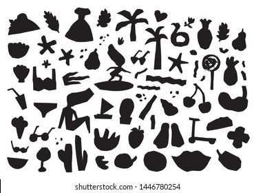 Set of silhouettes summer icons: surfer, fruit, cacti, sunglasses, starfish, fins, swimming mask, cocktail. Vector illustration in black and white in paper cut style
