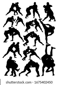 set of silhouettes of sumo wrestling athletes vector illustration