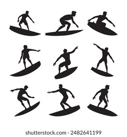 A set of silhouettes of a surfer surfing on his surfboard isolated on white background