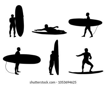 set of silhouettes of surfers. Stand and look on wave, surfing on wave. Illustration vector