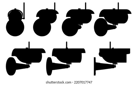Set with silhouettes of surveillance cameras in different positions from black lines isolated on a white background. The front view rotates to the right. Vector illustration.