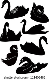 set of silhouettes of swans
