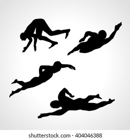 Set Of Silhouettes Of Swimmers Vector