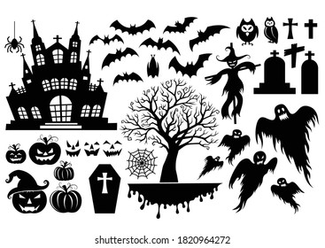 Conjunto de siluetas símbolo del elemento halloween, ilustración vectorial