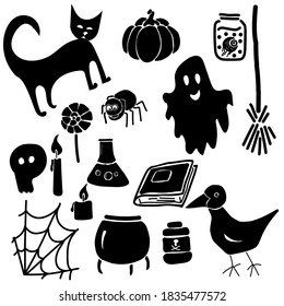 Set of silhouettes of symbols and attributes of Halloween, holiday horror stories vector illustration for design and creativity