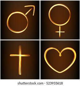 Set of silhouettes symbols heart, Venus, Mars and cross in fire-show style