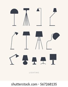 Set of silhouettes of table lamps on a light background. Furniture icons. Vector illustration.