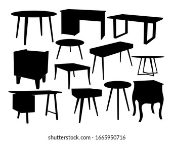 Set of silhouettes of tables of different types.