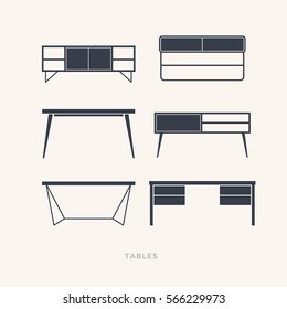 Set of silhouettes of tables on a light background. Furniture icons. Vector Illustration.