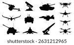 Set of silhouettes of tanks, drones, launchers, jets, radar stations, missiles, and ground vehicles used in modern warfare, highlighting military strength and equipment variety. Transparent background