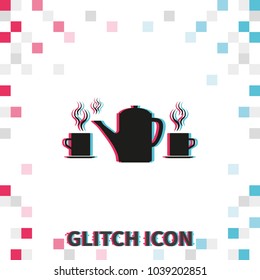 Set of silhouettes teapot and cups. Flat glitch effect vector illustration.