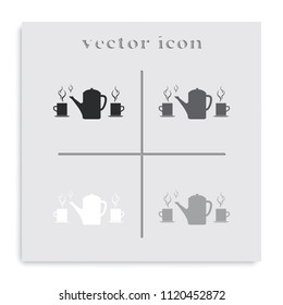 Set of silhouettes teapot and cups. Flat black and white vector illustration.