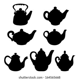 Set of silhouettes teapots. Isolated on white. Vector cartoon illustration.