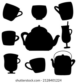 Satz von Silhouetten-Teeköpfen. Einzeln auf Weiß. Vektorgrafik-Illustration. Teebeutel und Teebeutel, Vektorgrafik
