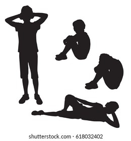 Set of silhouettes of a teenager , who stands, sits and lays in various poses, black color, isolated on white background