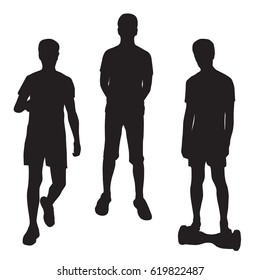 Set of silhouettes of teenagers on a summer vacation in different poses black color isolated on white