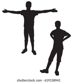 Set of silhouettes of teenagers standing in different poses, black color, isolated on white background