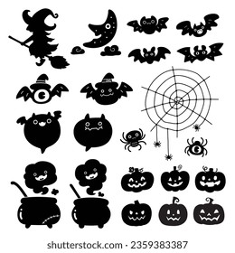 Set of silhouettes in Theme of Halloween on a white background. Kawaii Style. Vector illustration