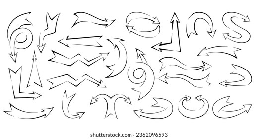 Set of silhouettes of thick direction and growth arrows in doodle style. Vector simple arrows